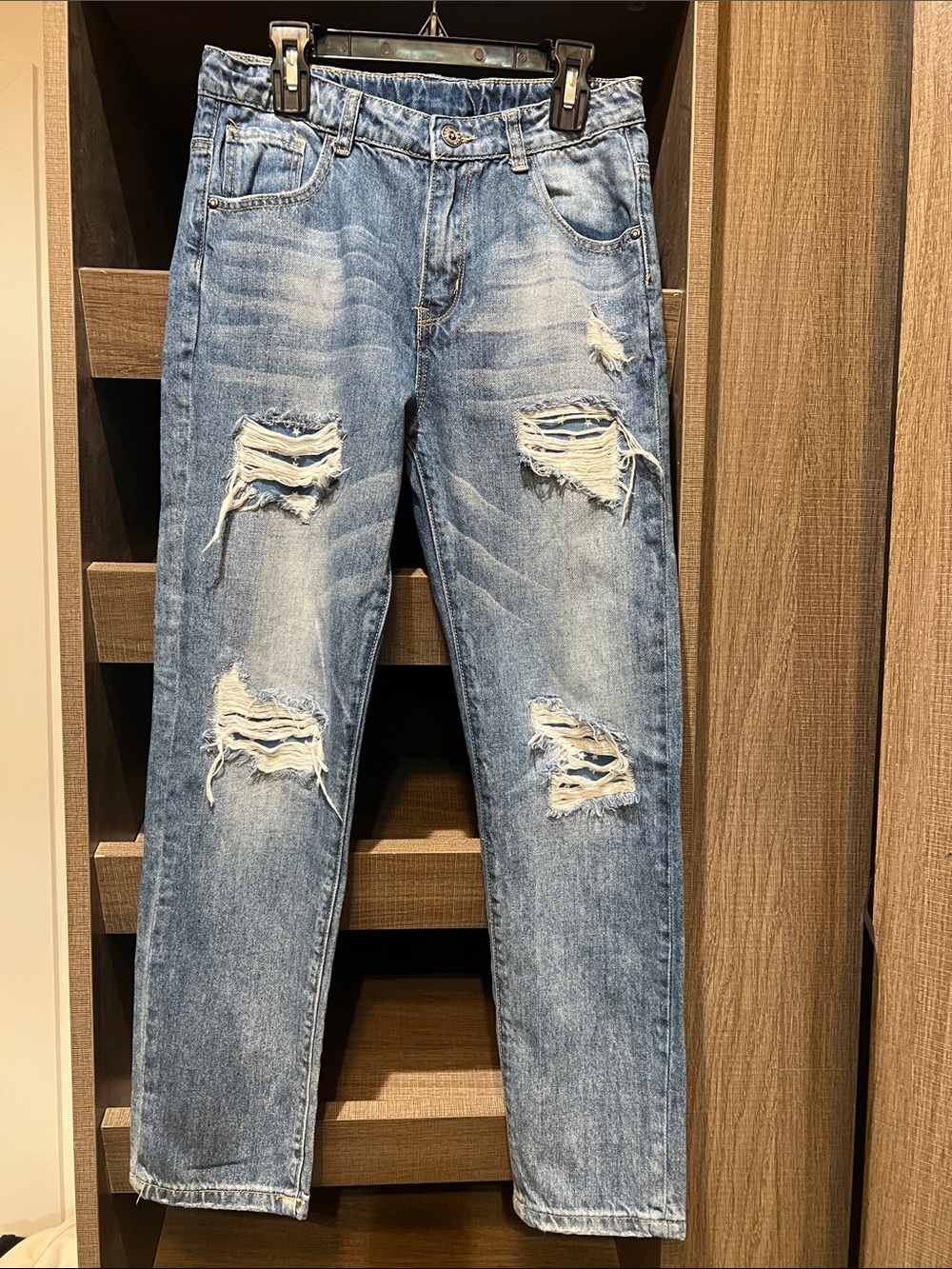 Kidscool Space Girls Distressed Jeans Casual Ripped Style w/Star Fabric Sz 12-13